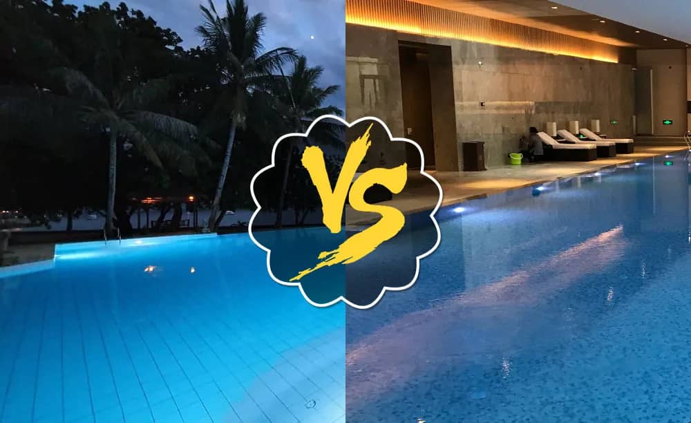 Comparación de iluminación de piscinas al aire libre e interiores