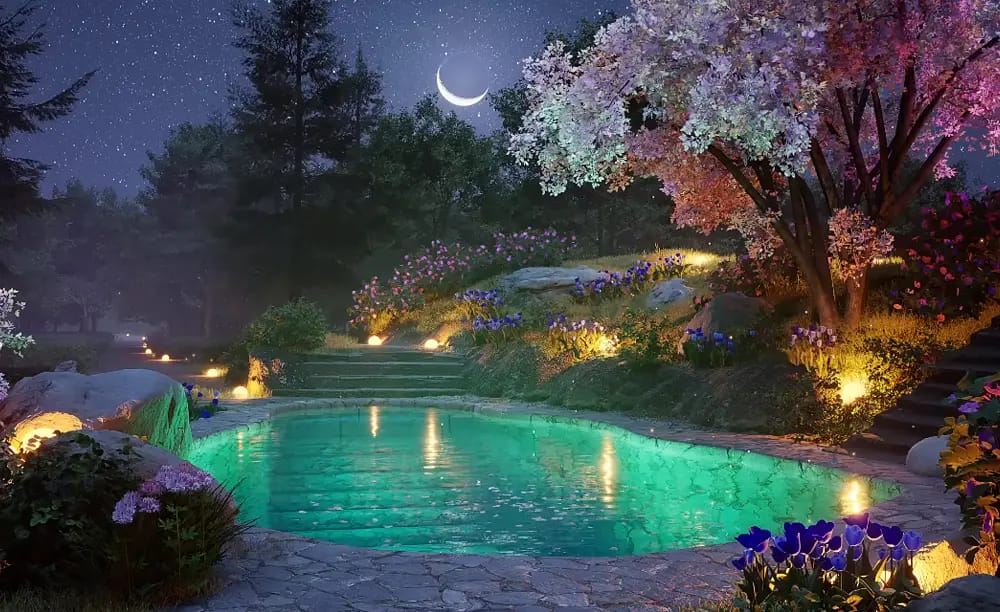 Water feature lighting with fantastical colors
