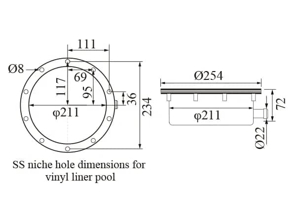 SS niche hole dimensions for vinyl liner pool