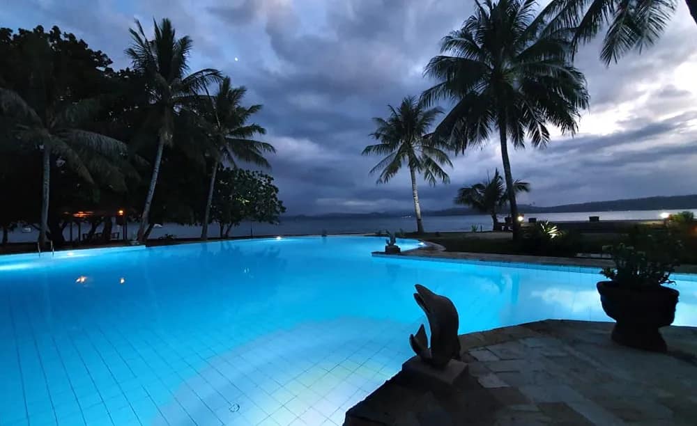 pool lights at dusk